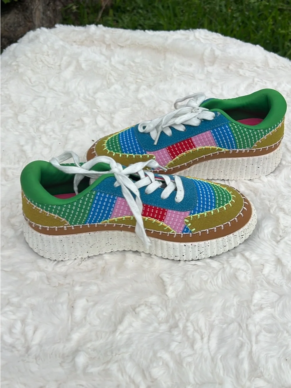 Liliana Rainbow Patchwork Platform Sneakers - Blue Green Pink - Picture 3 of 7